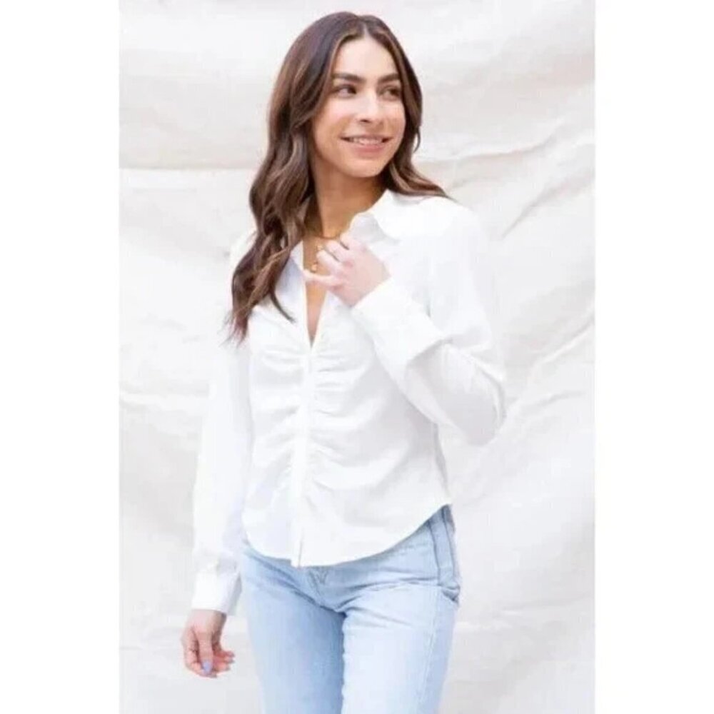 Sanctuary Women's White Long Sleeve Ruched Boyfriend Button Up Shirt